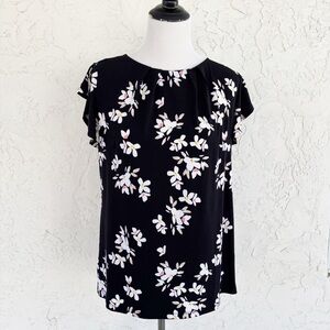 Liz Claiborne Black Top with White and Pink Floral Pattern